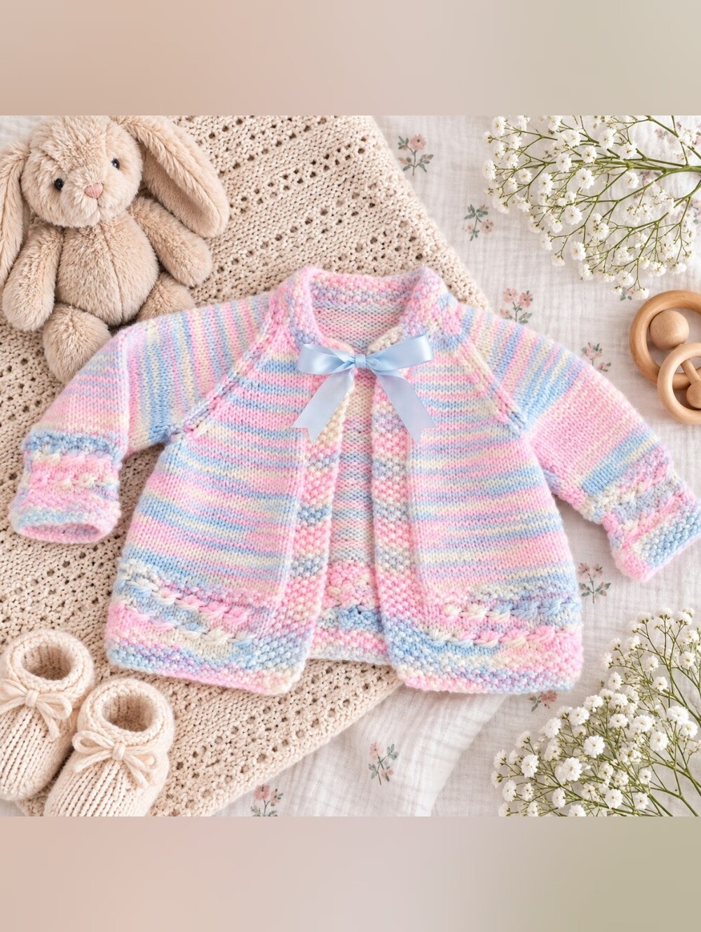 Hand-Knit Pastel Pink & Blue Baby Cardigan 6 - 9 Months